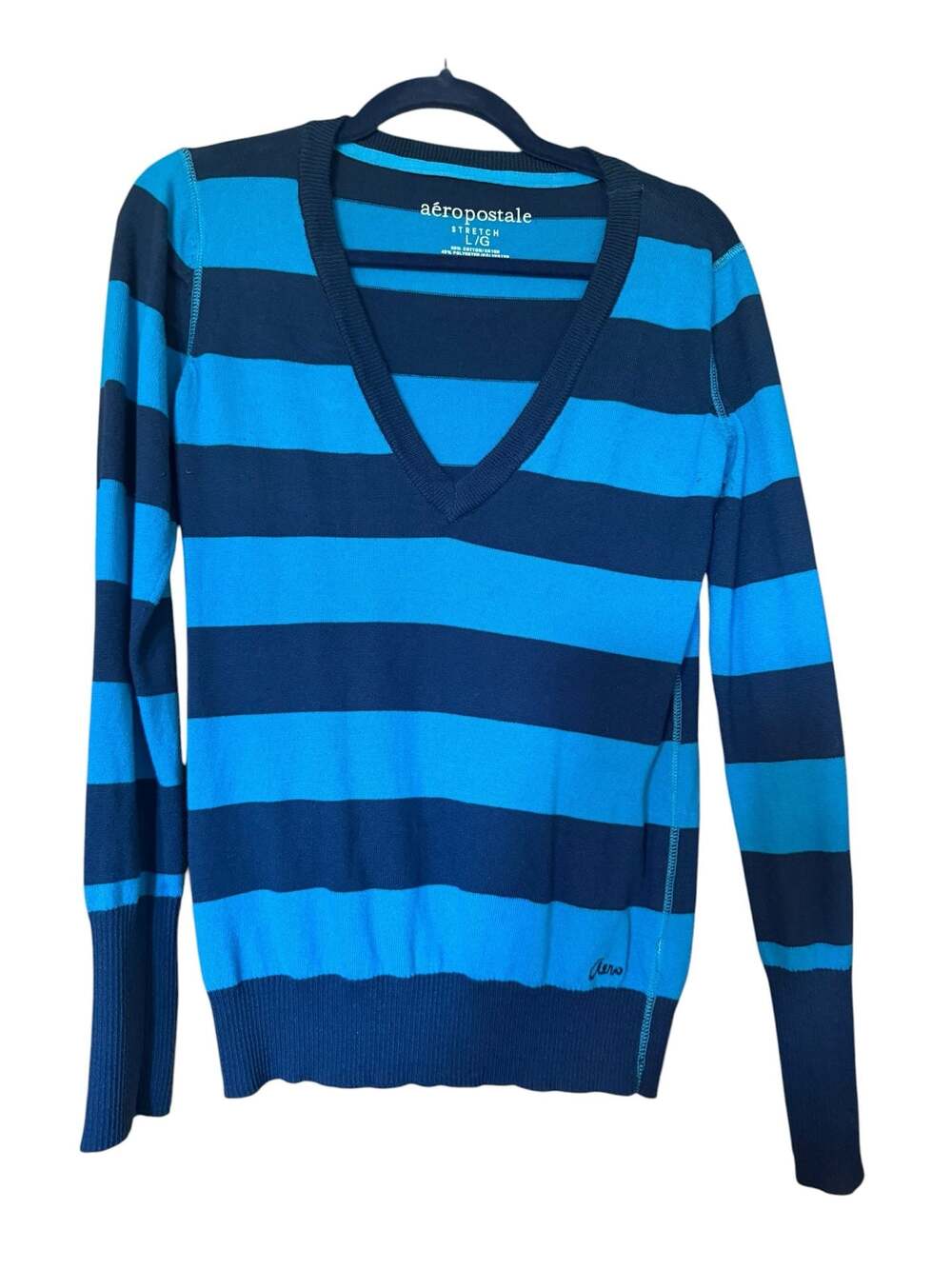 Aéropostale Stretch Blue and Navy Striped V-Neck Long Sleeve Sweater